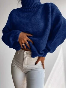Cloudara Turtleneck Raglan Sleeve Sweater - Blue - View 5