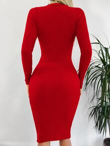 Cloudara Mock Neck Ribbed Knit Bodycon Sweater Dress - Red - View 6