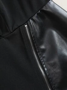 Cravure Lus Size Elegant Commuter Blazer Dress, Faux Leather Splicing Zip Slit Long Sleeve Bodycon Midi Dres Fall - Black - View 3