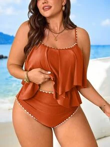 SHEIN Swim Curve 两件套加大码女式绿色吊带荷叶边上衣和高腰荷叶边长裤套装，夏季海滩度假 - 棕色 - 查看 4
