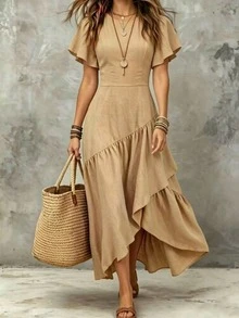 SHEIN Holidaya Women's Vintage Ruffle Sleeve Vacation Dress - Khaki - View 2