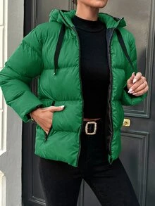 Cloudara Zip Up Drawstring Hooded Padded Coat - Green - View 5