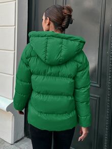 Cloudara Zip Up Drawstring Hooded Padded Coat - Green - View 2
