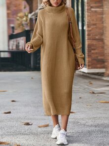 Cloudara Turtleneck Raglan Sleeve Ribbed Knit Sweater Dress - Camel - View 9