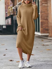 Cloudara Turtleneck Raglan Sleeve Ribbed Knit Sweater Dress - Camel - View 7