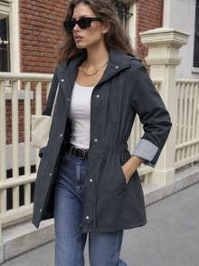 Cloudara Roll Tab Sleeve Slant Pocket Coat - Black - View 1