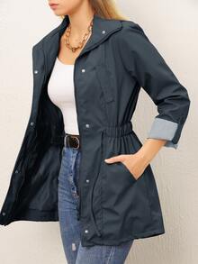 Cloudara Roll Tab Sleeve Slant Pocket Coat - Black - View 3
