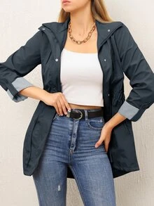 Cloudara Roll Tab Sleeve Slant Pocket Coat - Black - View 5