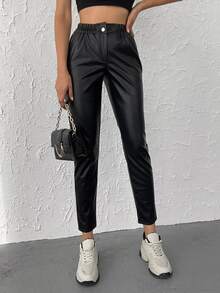 Cloudara Elastic Waist PU Tapered Pants - Black - View 7