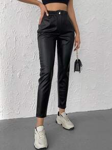 Cloudara Elastic Waist PU Tapered Pants - Black - View 5