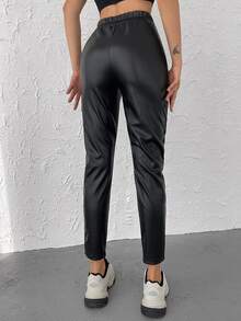 Cloudara Elastic Waist PU Tapered Pants - Black - View 2
