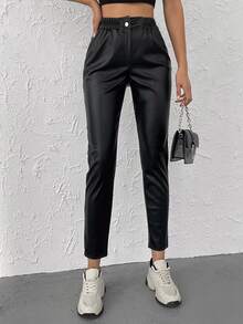 Cloudara Elastic Waist PU Tapered Pants - Black - View 6