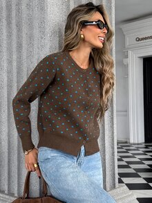 Pariaura French Vintage Style Color Block Blue Polka Dot Round Neck Loose Slimming Cardigan Sweater - Brown - View 8