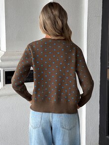 Pariaura French Vintage Style Color Block Blue Polka Dot Round Neck Loose Slimming Cardigan Sweater - Brown - View 2