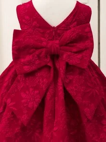 SHEIN Baby Girl Woven Solid Color Jacquard Round Neck Sleeveless 3D Bow Casual Dress - Red - View 7