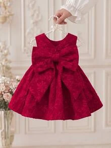 SHEIN Baby Girl Woven Solid Color Jacquard Round Neck Sleeveless 3D Bow Casual Dress - Red - View 1