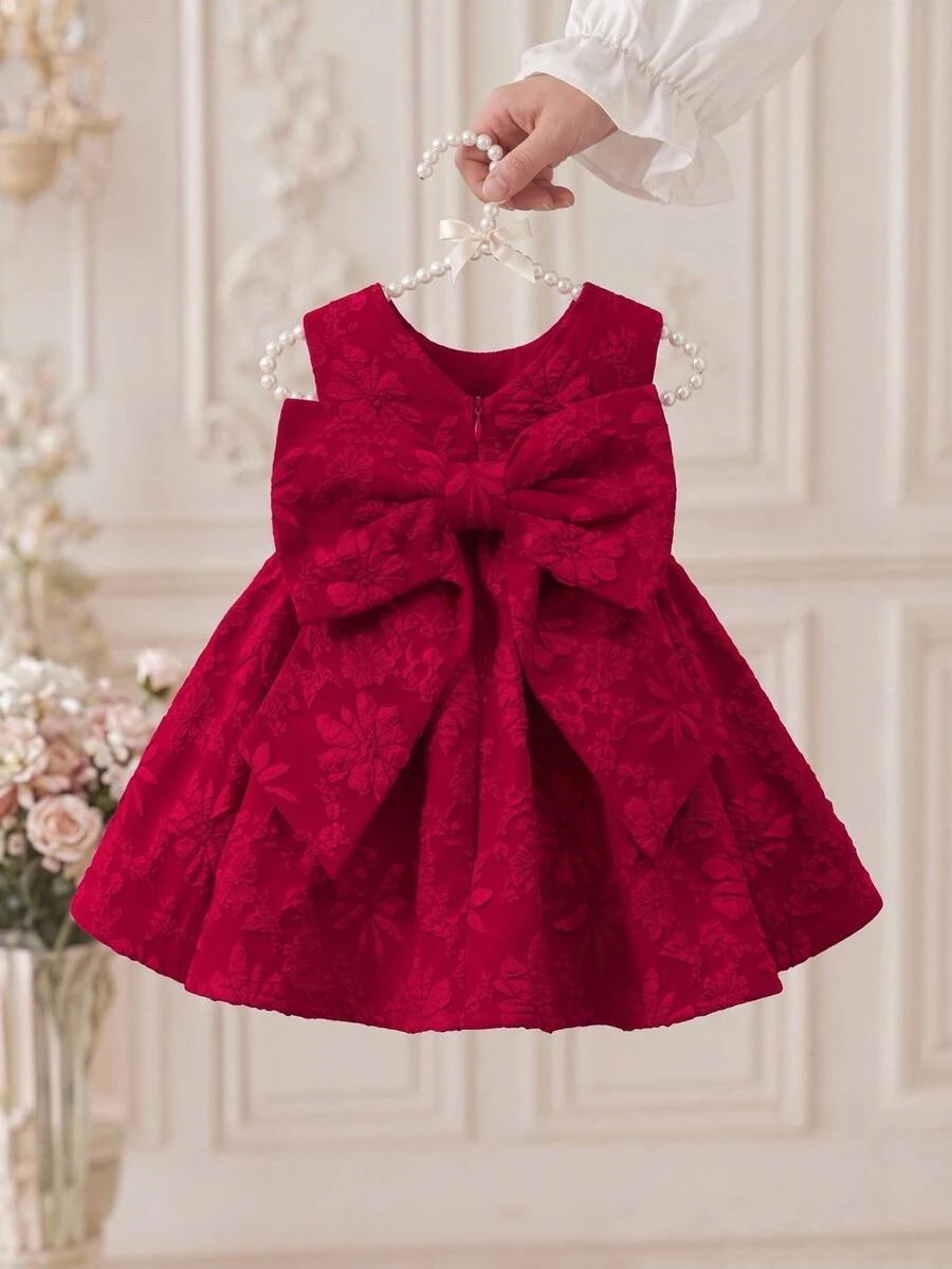 SHEIN Baby Girl Woven Solid Color Jacquard Round Neck Sleeveless 3D Bow Casual Dress - Red - View 1