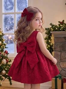 SHEIN Baby Girl Woven Solid Color Jacquard Round Neck Sleeveless 3D Bow Casual Dress - Red - View 2