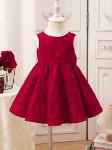 SHEIN Baby Girl Woven Solid Color Jacquard Round Neck Sleeveless 3D Bow Casual Dress - Red - View 5
