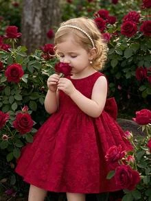 SHEIN Baby Girl Woven Solid Color Jacquard Round Neck Sleeveless 3D Bow Casual Dress - Red - View 4