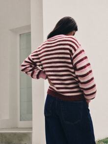 Nöista Pink And Burgundy Stripe  Knit Cardigan With Buttons. Cute, Casual, Back To School,  Weekend, Informal Dinner,  Fall, Autumn Winter Women's Cardigan.. - Pink - View 4