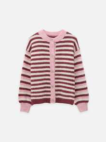 Nöista Pink And Burgundy Stripe  Knit Cardigan With Buttons. Cute, Casual, Back To School,  Weekend, Informal Dinner,  Fall, Autumn Winter Women's Cardigan.. - Pink - View 7
