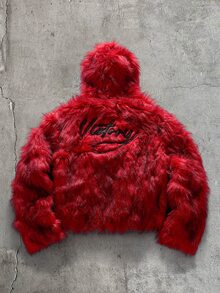 AXEPEAK 男士字母圖案休閒日常人造毛皮夾克 - 紅色 - 查看 2