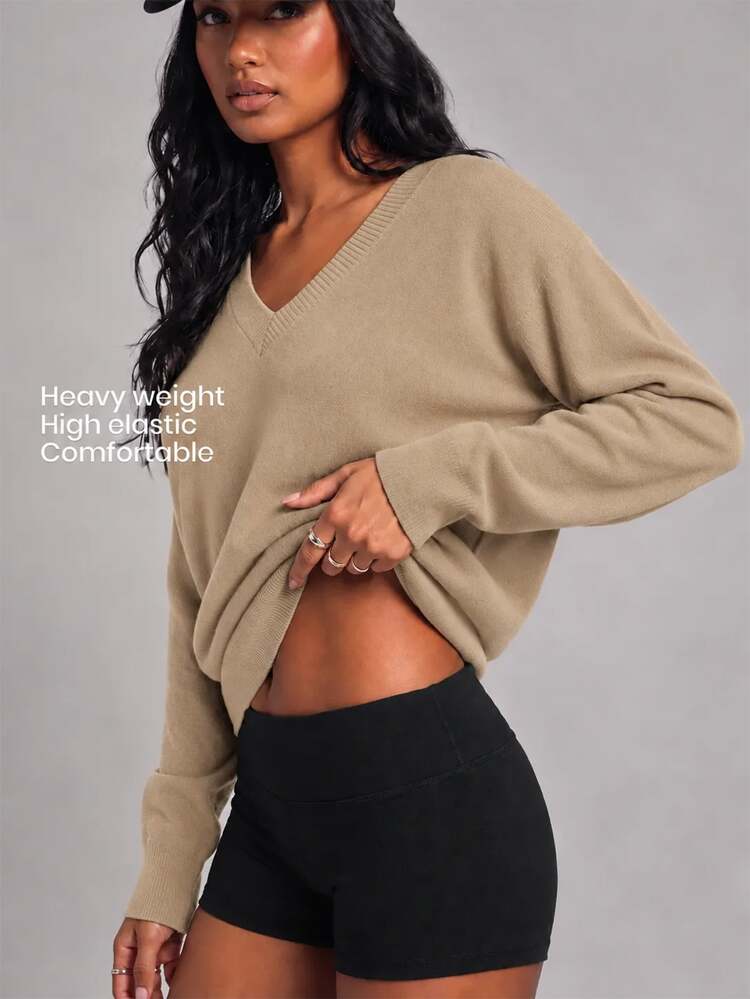 YARNWELL Women's Solid Color V-Neck Long Sleeve Casual Versatile Sweater - Coffee Brown - View 1
