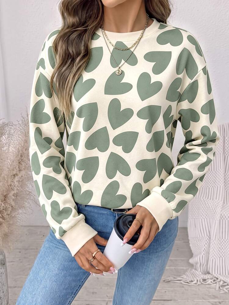 SHEIN LUNE Women's Casual Crew Neck Loose Sweatshirt, Heart Print, Women's Autumn/Winter Clothing - Multicolor - View 4
