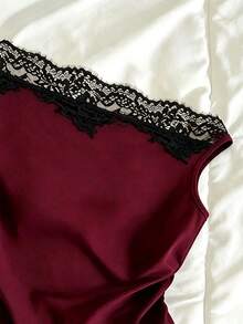 Modelyn French Lace Patchwork Asymmetrical Neckline Sleeveless Versatile Sexy Asymmetrical Shoulder Cropped Tank Top For Women - Burgundy - View 5