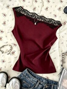 Modelyn French Lace Patchwork Asymmetrical Neckline Sleeveless Versatile Sexy Asymmetrical Shoulder Cropped Tank Top For Women - Burgundy - View 4