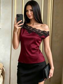 Modelyn French Lace Patchwork Asymmetrical Neckline Sleeveless Versatile Sexy Asymmetrical Shoulder Cropped Tank Top For Women - Burgundy - View 1