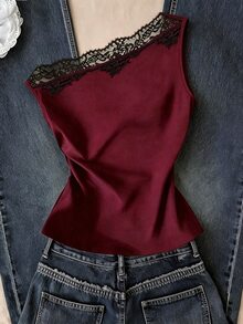 Modelyn French Lace Patchwork Asymmetrical Neckline Sleeveless Versatile Sexy Asymmetrical Shoulder Cropped Tank Top For Women - Burgundy - View 2
