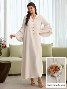 Al Najma Layered Floral Jacquard Hooded Cape With Ruffled Hem And Puff Sleeves, Elegant Robe - Apricot - View 2