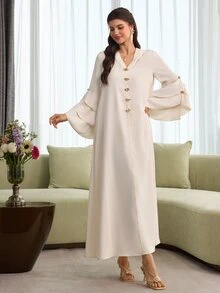 Al Najma Layered Floral Jacquard Hooded Cape With Ruffled Hem And Puff Sleeves, Elegant Robe - Apricot - View 8