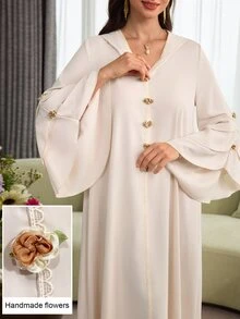 Al Najma Layered Floral Jacquard Hooded Cape With Ruffled Hem And Puff Sleeves, Elegant Robe - Apricot - View 12