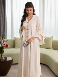 Al Najma Layered Floral Jacquard Hooded Cape With Ruffled Hem And Puff Sleeves, Elegant Robe - Apricot - View 9