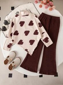 SHEIN Girls' Casual T-Shirt Set, Design Asymmetrical Pullover High Neck Deep Brown Knitted Ribbed Fabric Sleeve Polar Fleece Flared Pants, 2 Pcs Set Fall - Apricot - View 2