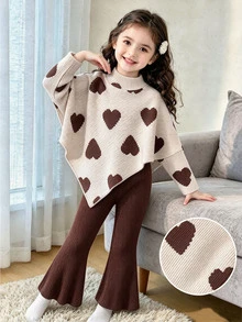 SHEIN Girls' Casual T-Shirt Set, Design Asymmetrical Pullover High Neck Deep Brown Knitted Ribbed Fabric Sleeve Polar Fleece Flared Pants, 2 Pcs Set Fall - Apricot - View 3