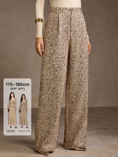 MOTF Tall Pantalones de mujer de pierna ancha y recta con cintura alta, elegantes y de moda con lentejuelas para mujeres altas