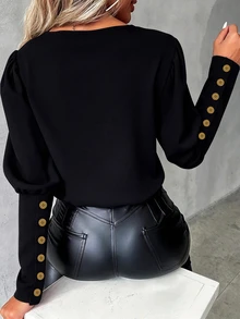 Structelle Women's Patchwork V-Neck Lantern Sleeve Blouse - Black - View 2
