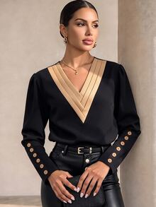 Structelle Women's Patchwork V-Neck Lantern Sleeve Blouse - Black - View 1
