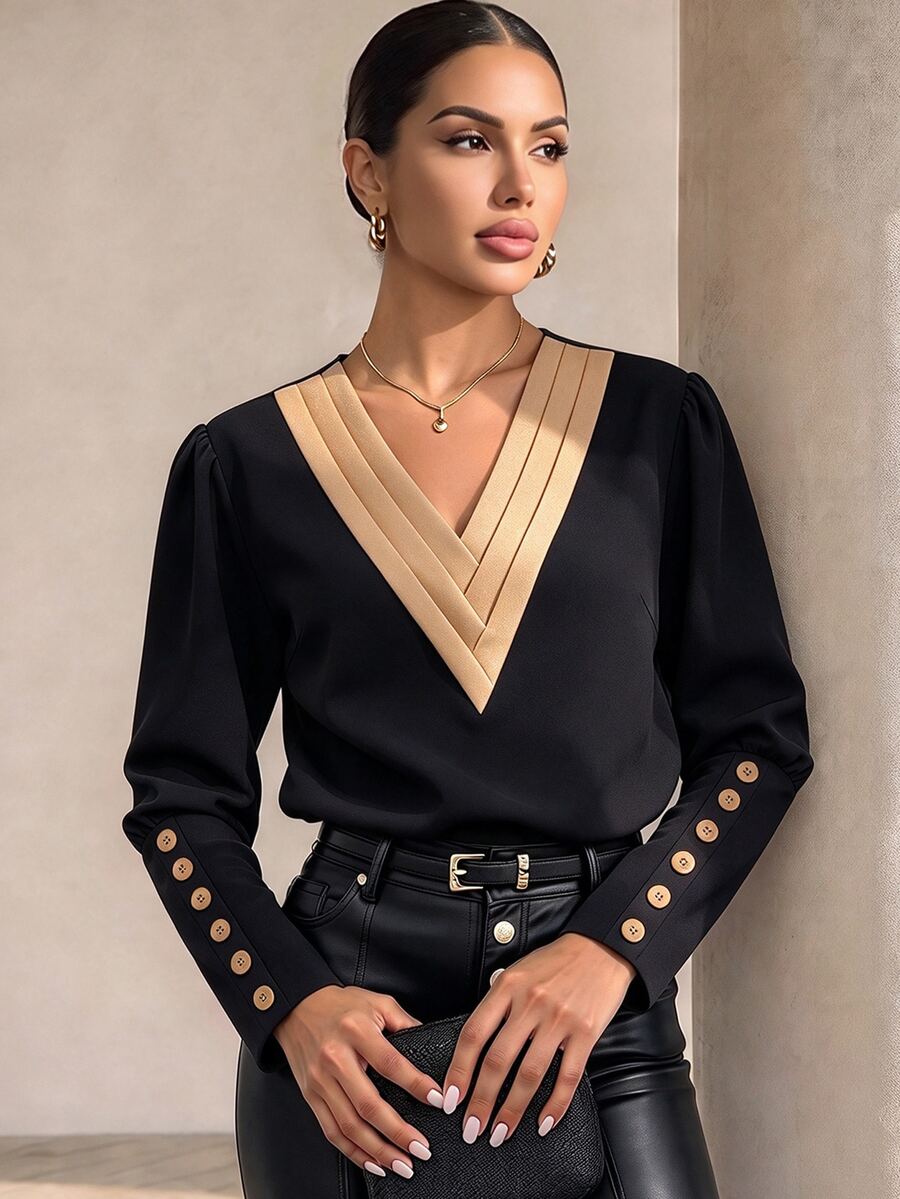 Structelle Women's Patchwork V-Neck Lantern Sleeve Blouse - Black - View 1