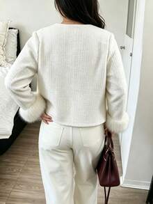 Elenzga Women's Plus Size Fuzzy Patchwork Casual Versatile Wool Blend Top Winter - White - View 3