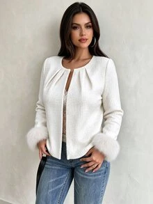 Elenzga Women's Plus Size Fuzzy Patchwork Casual Versatile Wool Blend Top Winter - White - View 2
