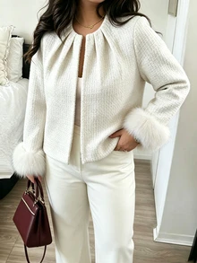 Elenzga Women's Plus Size Fuzzy Patchwork Casual Versatile Wool Blend Top Winter - White - View 7