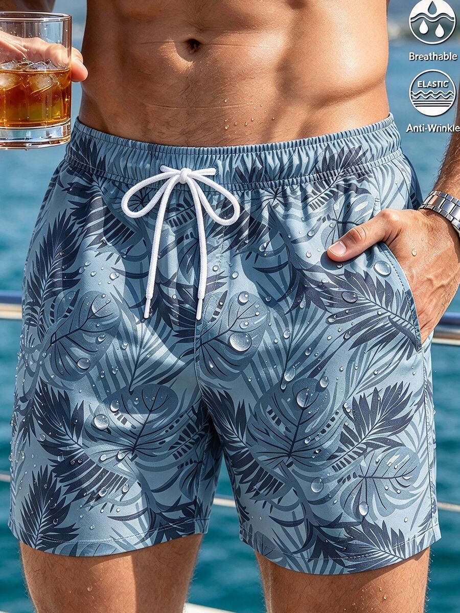 Manfinity Swimmode Men's Plus Size Tropical Plant Print Drawstring Waist Beach Shorts - Grey - View 1