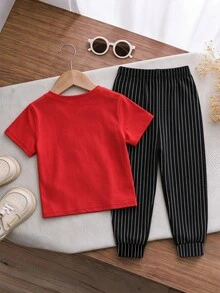 小男孩休閒簡約圓領短袖長褲兩件套 卡通圖案 適合秋冬 - 彩色 - 查看 3