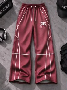 GymBeat Men Honeycomb Texture Straight Gym Pants, Spider Graphic & Line Print Drawstring Loose Sports Trousers For Running Workout - Multicolor - View 1