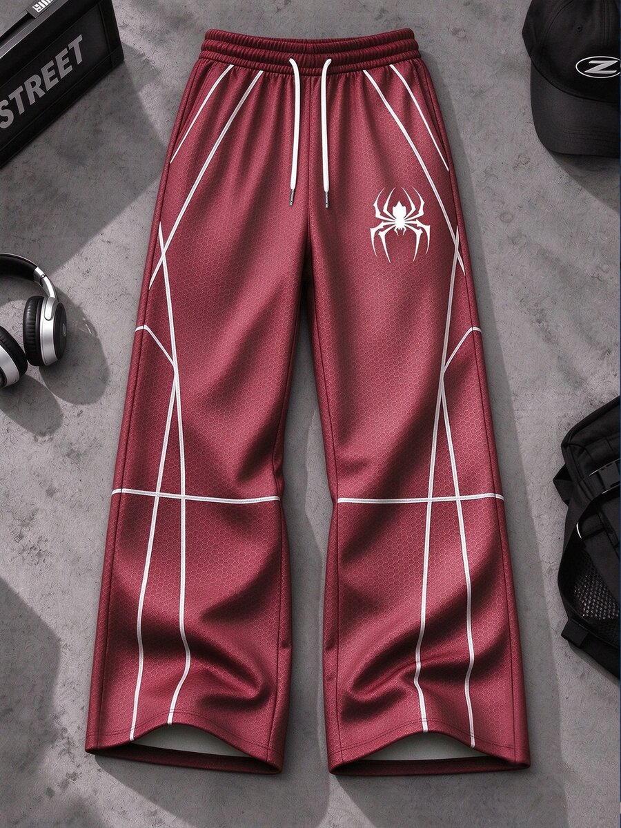 GymBeat Men Honeycomb Texture Straight Gym Pants, Spider Graphic & Line Print Drawstring Loose Sports Trousers For Running Workout - Multicolor - View 1